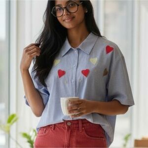 Vintage ♥️ Hearts Patches & Embroidery Button Down Chambray Shirt